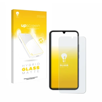 Face avant d’un emballage produit avec le logo de la marque upscreen. À côté, l’appareil Samsung Galaxy A34 5G Enterprise Edit