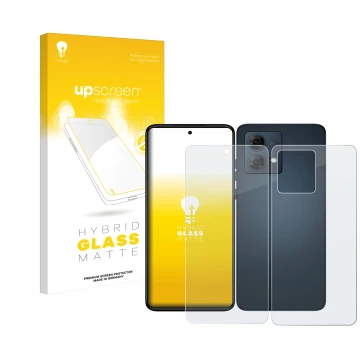 Face avant d’un emballage produit avec le logo de la marque upscreen. À côté, l’appareil Motorola Moto G84 (Avant+Arrière) est