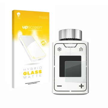 Face avant d’un emballage produit avec le logo de la marque upscreen. À côté, l’appareil AVM FRITZ!DECT 302 est représenté ave