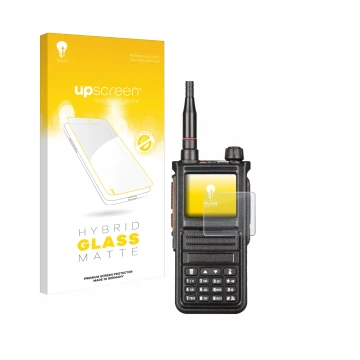 Face avant d’un emballage produit avec le logo de la marque upscreen. À côté, l’appareil Radtel RT-470X est représenté avec la