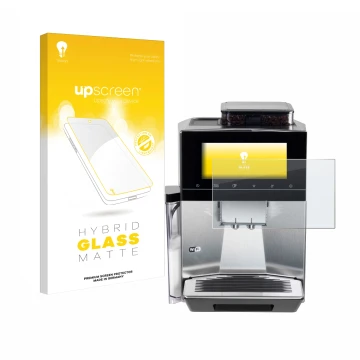 Face avant d’un emballage produit avec le logo de la marque upscreen. À côté, l’appareil Siemens EQ900 TQ903D03 est représenté