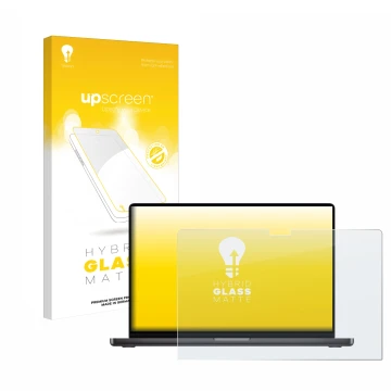 Face avant d’un emballage produit avec le logo de la marque upscreen. À côté, l’appareil Apple MacBook Pro 16