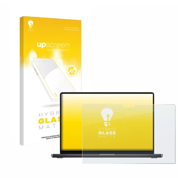 Face avant d’un emballage produit avec le logo de la marque upscreen. À côté, l’appareil Apple MacBook Pro 14