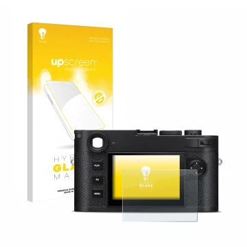 Face avant d’un emballage produit avec le logo de la marque upscreen. À côté, l’appareil Leica M11-P est représenté avec la pr