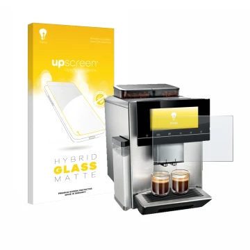 Face avant d’un emballage produit avec le logo de la marque upscreen. À côté, l’appareil Siemens EQ900 TQ907D03 est représenté