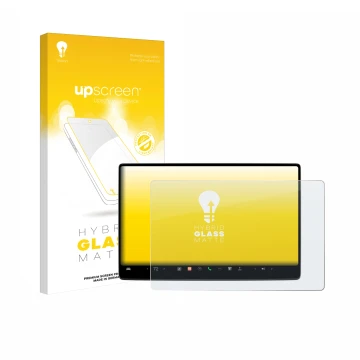 Face avant d’un emballage produit avec le logo de la marque upscreen. À côté, l’appareil Tesla Model 3 2024 est représenté ave