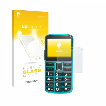Face avant d’un emballage produit avec le logo de la marque upscreen. À côté, l’appareil Uleway Seniorenhandy est représenté a