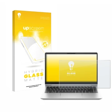 Face avant d’un emballage produit avec le logo de la marque upscreen. À côté, l’appareil HP ProBook 445 G10 est représenté ave