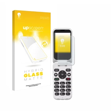 Face avant d’un emballage produit avec le logo de la marque upscreen. À côté, l’appareil Doro 6820 est représenté avec la prot