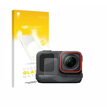 Face avant d’un emballage produit avec le logo de la marque upscreen. À côté, l’appareil Insta360 Ace Pro (Affichage avant) es