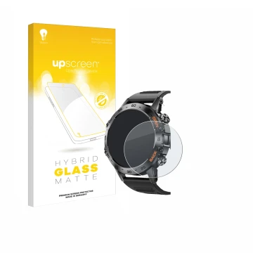 Face avant d’un emballage produit avec le logo de la marque upscreen. À côté, l’appareil Lemfo Smartwatch 1.39