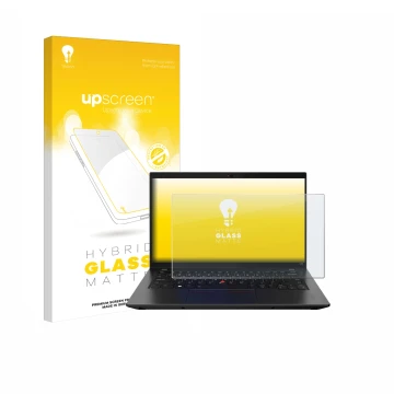 Face avant d’un emballage produit avec le logo de la marque upscreen. À côté, l’appareil Lenovo ThinkPad L14 Gen 3 est représe