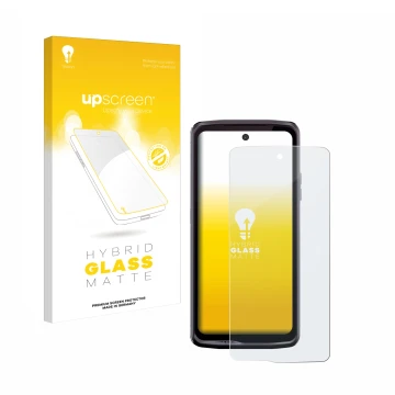 Face avant d’un emballage produit avec le logo de la marque upscreen. À côté, l’appareil Crosscall Stellar X5 est représenté a