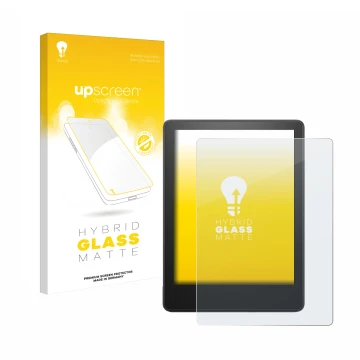 Face avant d’un emballage produit avec le logo de la marque upscreen. À côté, l’appareil Amazon Kindle Paperwhite 2023 (11ème 