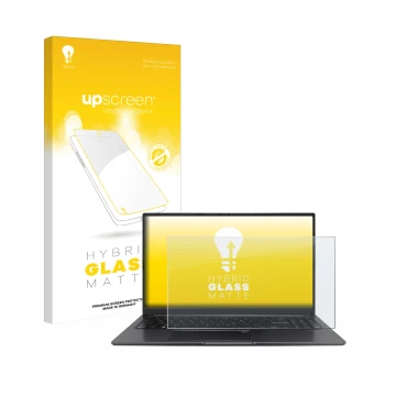 Face avant d’un emballage produit avec le logo de la marque upscreen. À côté, l’appareil ASUS Vivobook 15 OLED est représenté 