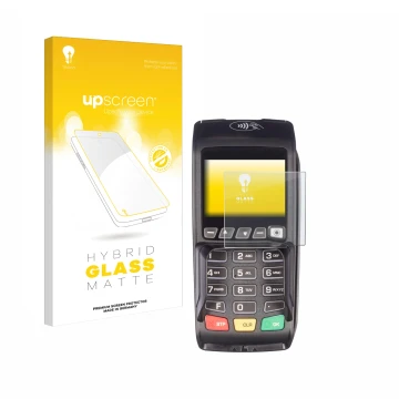 Face avant d’un emballage produit avec le logo de la marque upscreen. À côté, l’appareil ingenico Desk/3500 est représenté ave