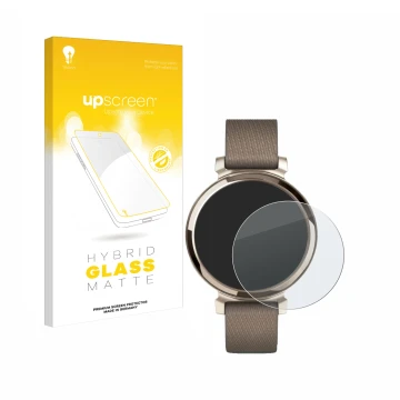 Face avant d’un emballage produit avec le logo de la marque upscreen. À côté, l’appareil Garmin Lily 2 est représenté avec la 