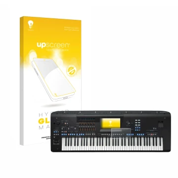 Face avant d’un emballage produit avec le logo de la marque upscreen. À côté, l’appareil Yamaha Genos2 est représenté avec la 