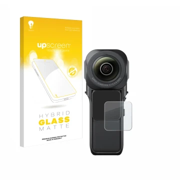 Face avant d’un emballage produit avec le logo de la marque upscreen. À côté, l’appareil Insta360 One RS 1-Zoll 360 est représ
