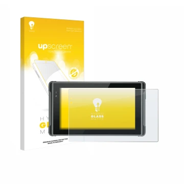 Face avant d’un emballage produit avec le logo de la marque upscreen. À côté, l’appareil Hugerock X7 est représenté avec la pr