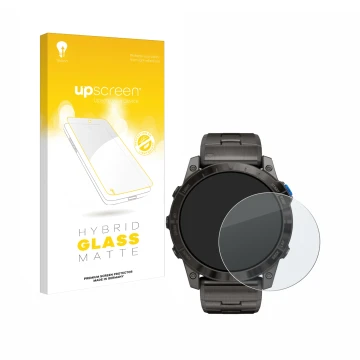 Face avant d’un emballage produit avec le logo de la marque upscreen. À côté, l’appareil Garmin D2 Mach1 Pro est représenté av