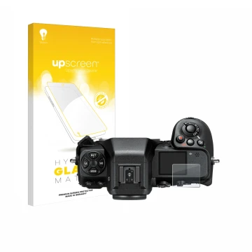 Face avant d’un emballage produit avec le logo de la marque upscreen. À côté, l’appareil Nikon Z 8 (affichage des épaules) est