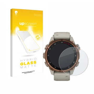 Face avant d’un emballage produit avec le logo de la marque upscreen. À côté, l’appareil Garmin Descent Mk3 (43 mm) est représ