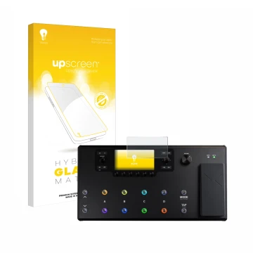 Face avant d’un emballage produit avec le logo de la marque upscreen. À côté, l’appareil Line 6 Helix LT est représenté avec l