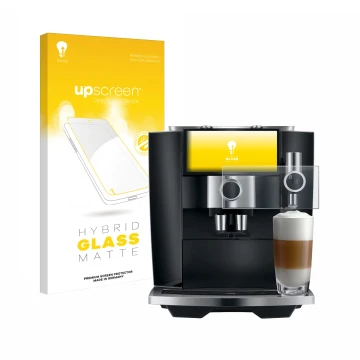 Face avant d’un emballage produit avec le logo de la marque upscreen. À côté, l’appareil Jura J8 twin est représenté avec la p