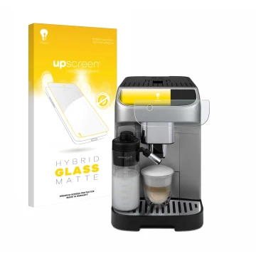 Face avant d’un emballage produit avec le logo de la marque upscreen. À côté, l’appareil DeLonghi Magnifica Plus est représent