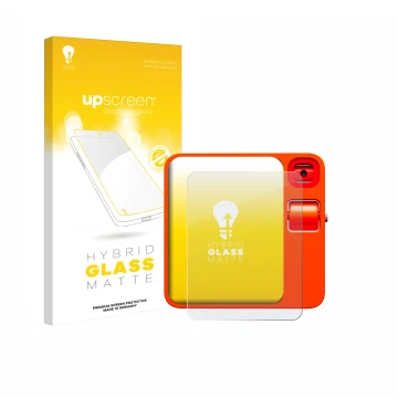 Face avant d’un emballage produit avec le logo de la marque upscreen. À côté, l’appareil rabbit r1 est représenté avec la prot