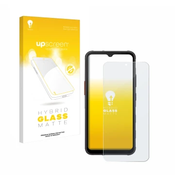 Face avant d’un emballage produit avec le logo de la marque upscreen. À côté, l’appareil Samsung Galaxy XCover 7 est représent