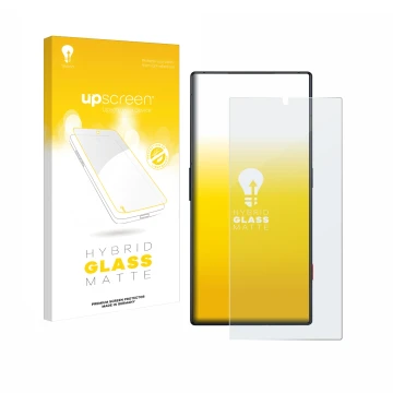 Face avant d’un emballage produit avec le logo de la marque upscreen. À côté, l’appareil ZTE Nubia Red Magic 8 Pro est représe
