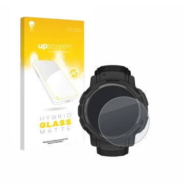 Face avant d’un emballage produit avec le logo de la marque upscreen. À côté, l’appareil Garmin Instinct Crossover AMOLED est 