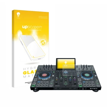 Face avant d’un emballage produit avec le logo de la marque upscreen. À côté, l’appareil Denon DJ Prime 4+ est représenté avec