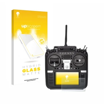 Face avant d’un emballage produit avec le logo de la marque upscreen. À côté, l’appareil Radiomaster TX16S Mark II est représe
