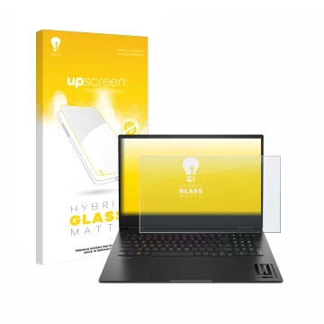 Face avant d’un emballage produit avec le logo de la marque upscreen. À côté, l’appareil HP Omen 16 2024 est représenté avec l