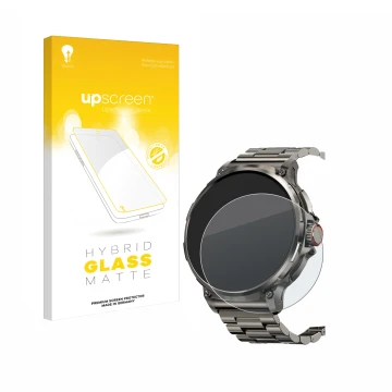 Face avant d’un emballage produit avec le logo de la marque upscreen. À côté, l’appareil Tesofit Smartwatch 1.85