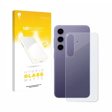 Face avant d’un emballage produit avec le logo de la marque upscreen. À côté, l’appareil Samsung Galaxy S24 (Arrière) est repr