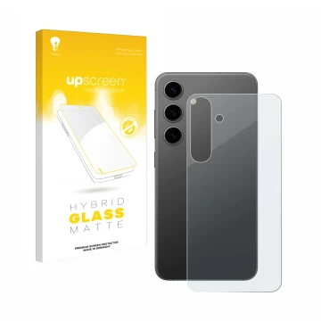 Face avant d’un emballage produit avec le logo de la marque upscreen. À côté, l’appareil Samsung Galaxy S24 Plus (Arrière) est