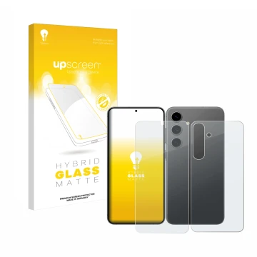 Face avant d’un emballage produit avec le logo de la marque upscreen. À côté, l’appareil Samsung Galaxy S24 Plus (Avant+Arrièr