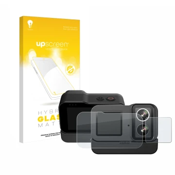 Face avant d’un emballage produit avec le logo de la marque upscreen. À côté, l’appareil SJCAM SJ20 Dual Lens est représenté a