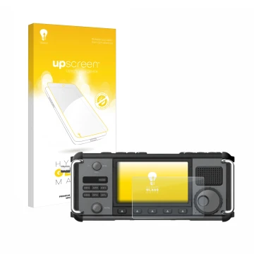 Face avant d’un emballage produit avec le logo de la marque upscreen. À côté, l’appareil Xiegu X6200 est représenté avec la pr
