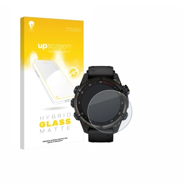 Face avant d’un emballage produit avec le logo de la marque upscreen. À côté, l’appareil Garmin Descent Mk3i (43 mm) est repré