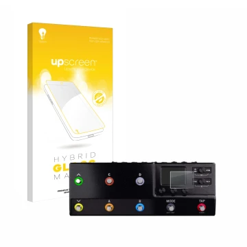 Face avant d’un emballage produit avec le logo de la marque upscreen. À côté, l’appareil Line 6 hx stomp XL est représenté ave