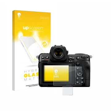 Face avant d’un emballage produit avec le logo de la marque upscreen. À côté, l’appareil Nikon Z 8 (Affichage + affichage des 