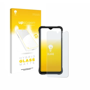 Face avant d’un emballage produit avec le logo de la marque upscreen. À côté, l’appareil Umidigi Bison X20 est représenté avec