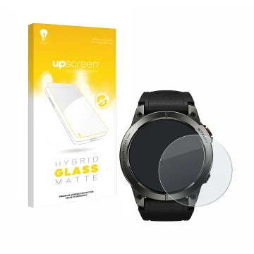 Face avant d’un emballage produit avec le logo de la marque upscreen. À côté, l’appareil Zeblaze Stratos 3 est représenté avec