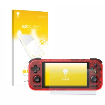 Face avant d’un emballage produit avec le logo de la marque upscreen. À côté, l’appareil Retroid Pocket 4 Pro est représenté a