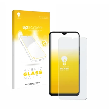 Face avant d’un emballage produit avec le logo de la marque upscreen. À côté, l’appareil Tecno Spark 10 5G est représenté avec